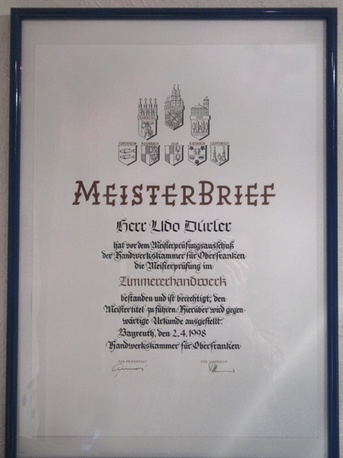 Foto des Meisterbriefs